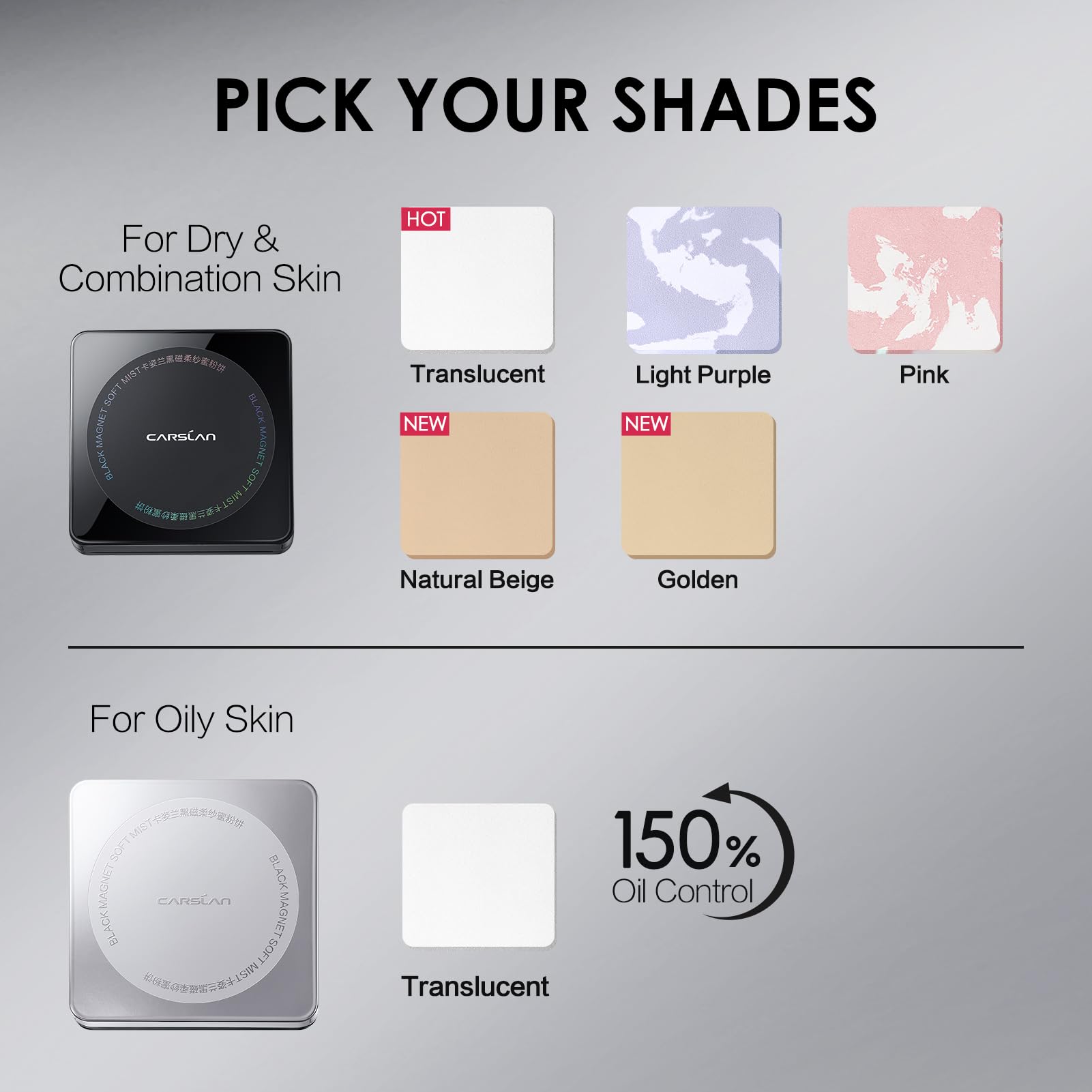 CARSLAN 1.0 Waterproof Face Pressed Powder Compact, 24H Longlasting Oil Control Pressed Setting Powder Talc-Free Makeup, Shine Free, Poreless, Smooth, 01 Golden for dry&com skin (0.28Oz)