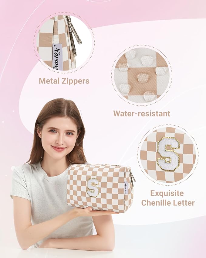 Narwey Birthday Gifts for Women Teen Girls Kids Personalized Initial Checkered Makeup Bag Cute Cosmetic Bag Trendy Stuff 6 8 10 11 12 13 14 16 18 Years Old Travel Toiletry Bag (Brown Letter S)