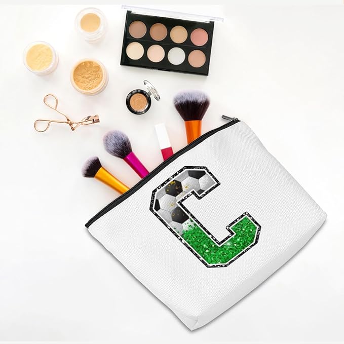 CQM Soccer Gifts Initial Makeup Bag Soccer Girl Gifts Cosmetic Bag Letter C
