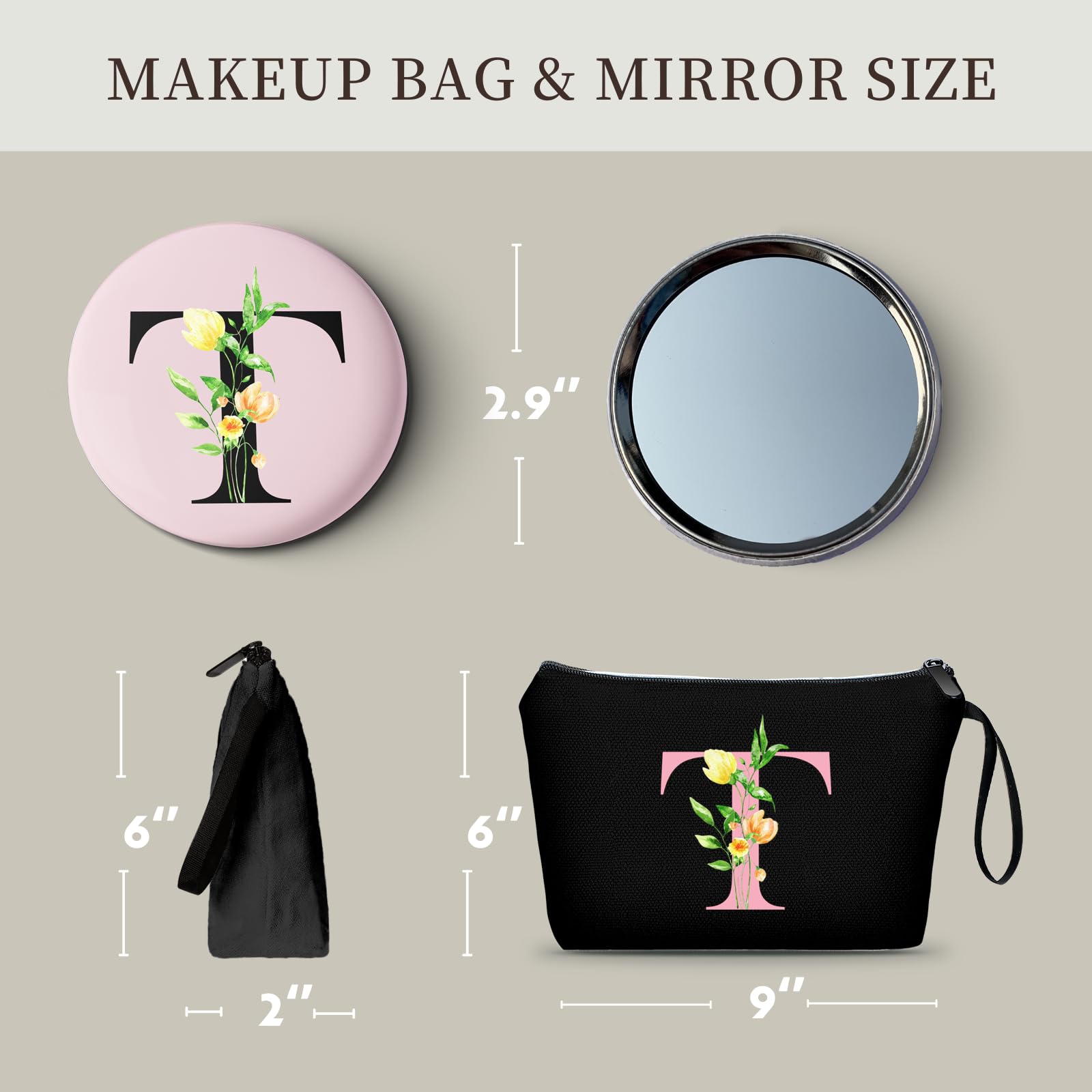 A-Z Bridesmaid gifts for Women, Small Initial Makeup Bag with Mirror, T