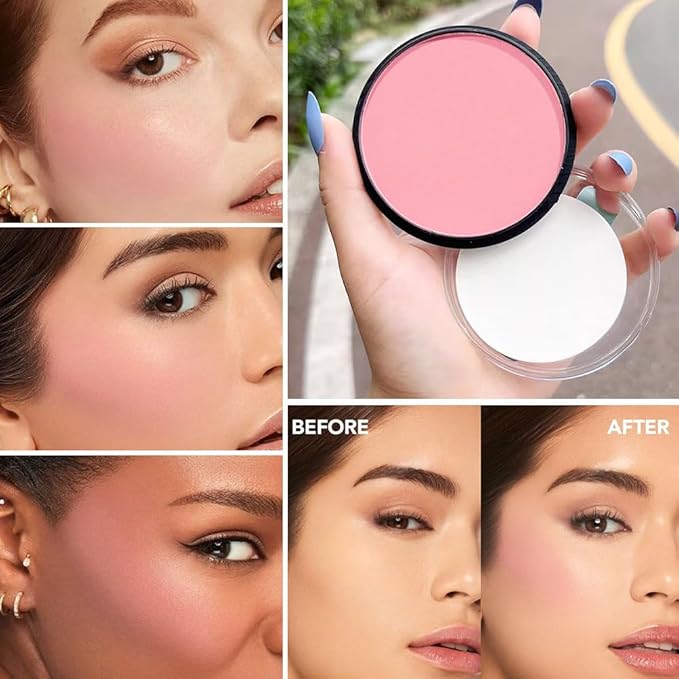 HHLTOH Natural Single Matte for Face Cheeks Blush with Makeup Powder Puff, Nude Pink Monochrome Blush Cream Powder Makeup Palette Blushes Long-lasting Color Blendable Foundation for Women Every Day 05