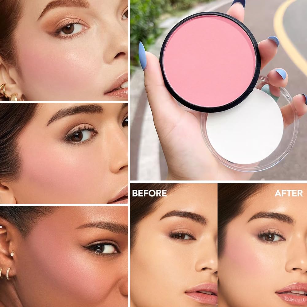 HHLTOH Natural Single Matte for Face Cheeks Blush with Makeup Powder Puff, Nude Pink Monochrome Blush Cream Powder Makeup Palette Blushes Long-lasting Color Blendable Foundation for Women Every Day 05