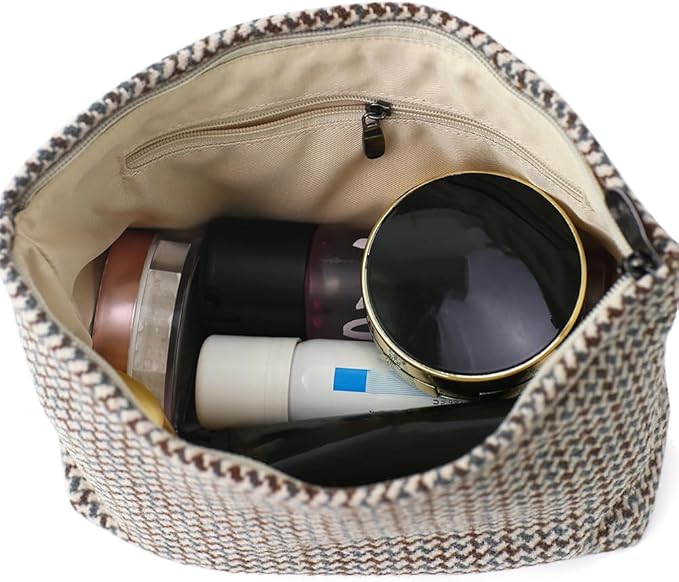 BBORGDC Large Capacity Plaid Tweed Makeup Bag - Travel Cosmetic Pouch & Toiletry Organizer with Zipper, Cloth Make Up Organizer for Daily Use, Gift for Women