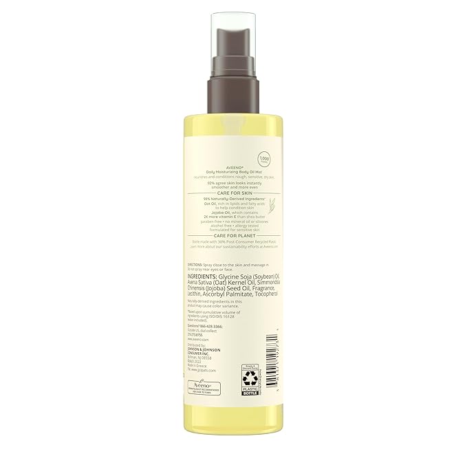 Aveeno Daily Moisturizing Body Oil Mist with Oat Oil and Jojoba Oil for Rough, Dry, Sensitive Skin, Nourishing Body Spray for Smoother, More Even Skin, Paraben- & Silicone-Free, 6.7 fl. oz