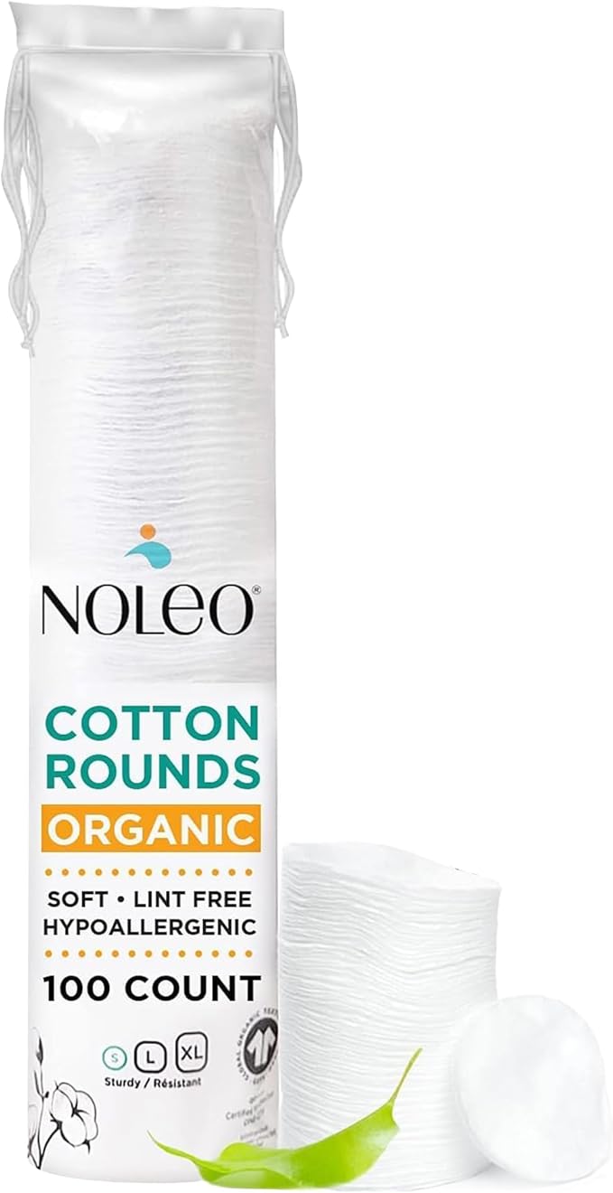 NOLEO Organic Cotton Rounds for Sensitive Skin, 100% Pure GOTS Certified Organic Cotton, Hypoallergenic, Lint-Free and Chlorine Bleach-Free, Made in Poland, 100 Count