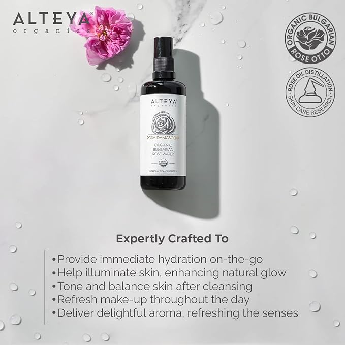 Alteya Organics Rose Water USDA Organic Facial Toner 6.8 Fl Oz Miron Glass