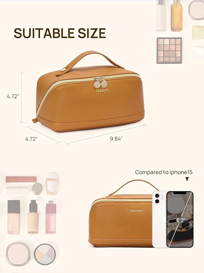 Telena Leather Make Up Bag Portable Travel Makeup Bag Waterproof Cosmetic Bags for Women Large Capacity With Handle and Divider Open Lay Flat