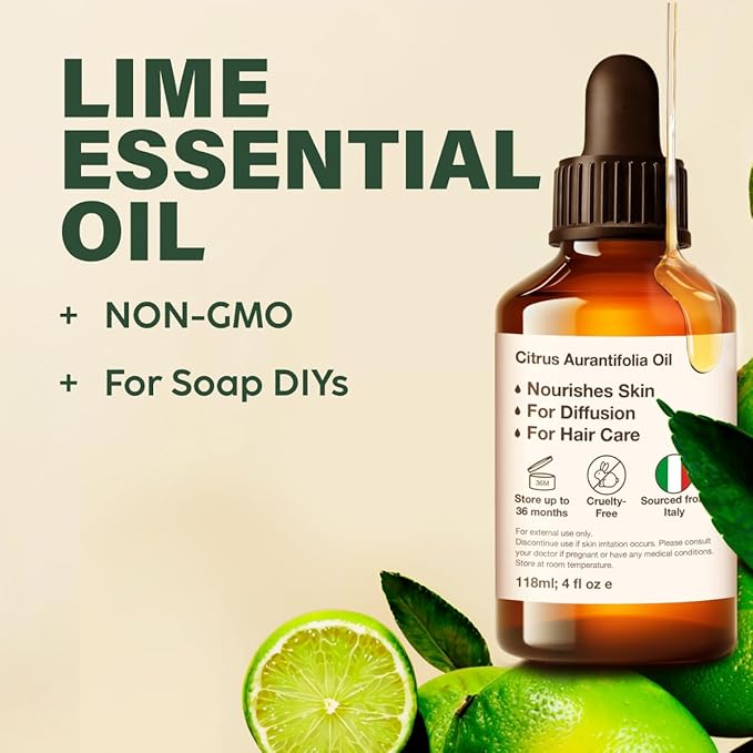 100% Pure Lime Oil - 4 Fl Oz Lime Essential Oil for Hair, Skin, Diffuser, Aromatherapy & DIY Soap Making Scent