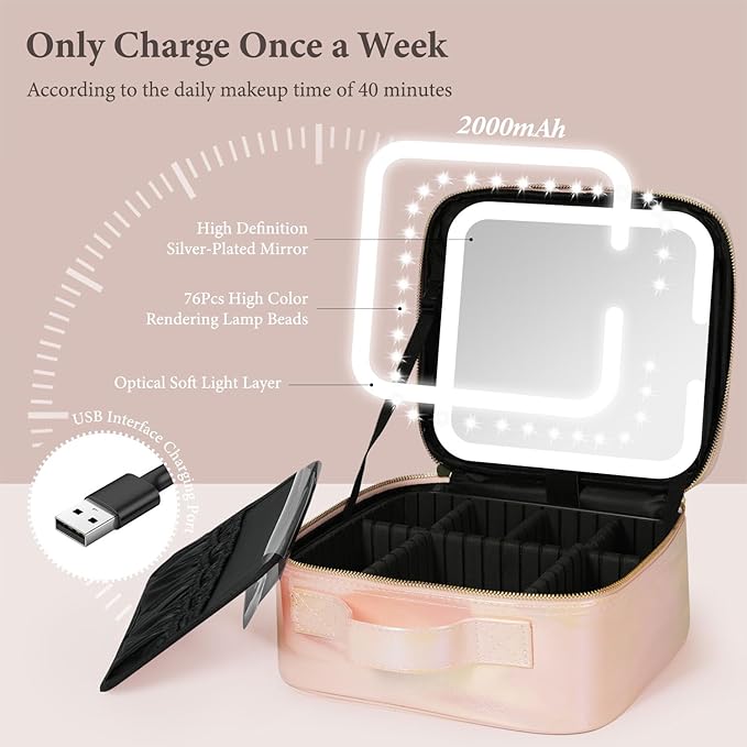 Behaesty Travel Makeup Bag with LED Lighted Mirror, Cosmetic Makeup Organizer Bag with 3 Color Setting, Makeup Train Case with Adjustable Dividers for Women Makeup Brushes Jewelry Accessories