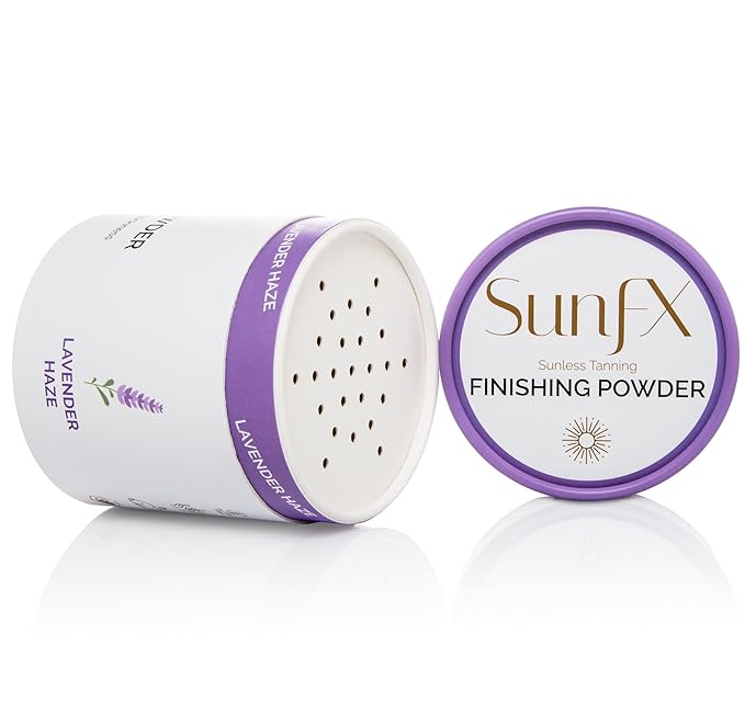 SunFX Setting Powder - Post Spray Tan Finishing Veil, Sunless Tanning Dusting Powder, Translucent Shimmer, Talcless Body Glow For Self Tanner, Spray Tan Powder - Lavender Haze, 4 Ounce (Pack of 1)