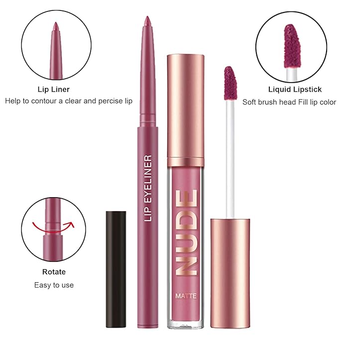 Rosarden 2Pcs Matte Lipstick and Lip Liner Set, Cream Nude Mauve Long Lasting Waterproof Lipliner Pencil & Plumper Lip Gloss, Retractable Lip Liner and Liquid Lipstick for Women Girls Lip Makeup (#02)
