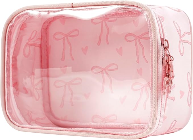 RSRSLEII Cute Clear Makeup Bag with Bow Patten,Transparent Nylon Travel Cosmetic Case with Zipper,Portable Makeup Organizer Pouch for Essentials(04Pinkbow-pink)