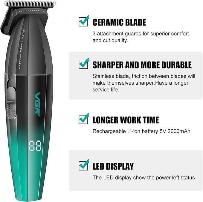 VGR 906 Cordless Hair Trimmer for Men with Zero-Gap T-Blade, Green