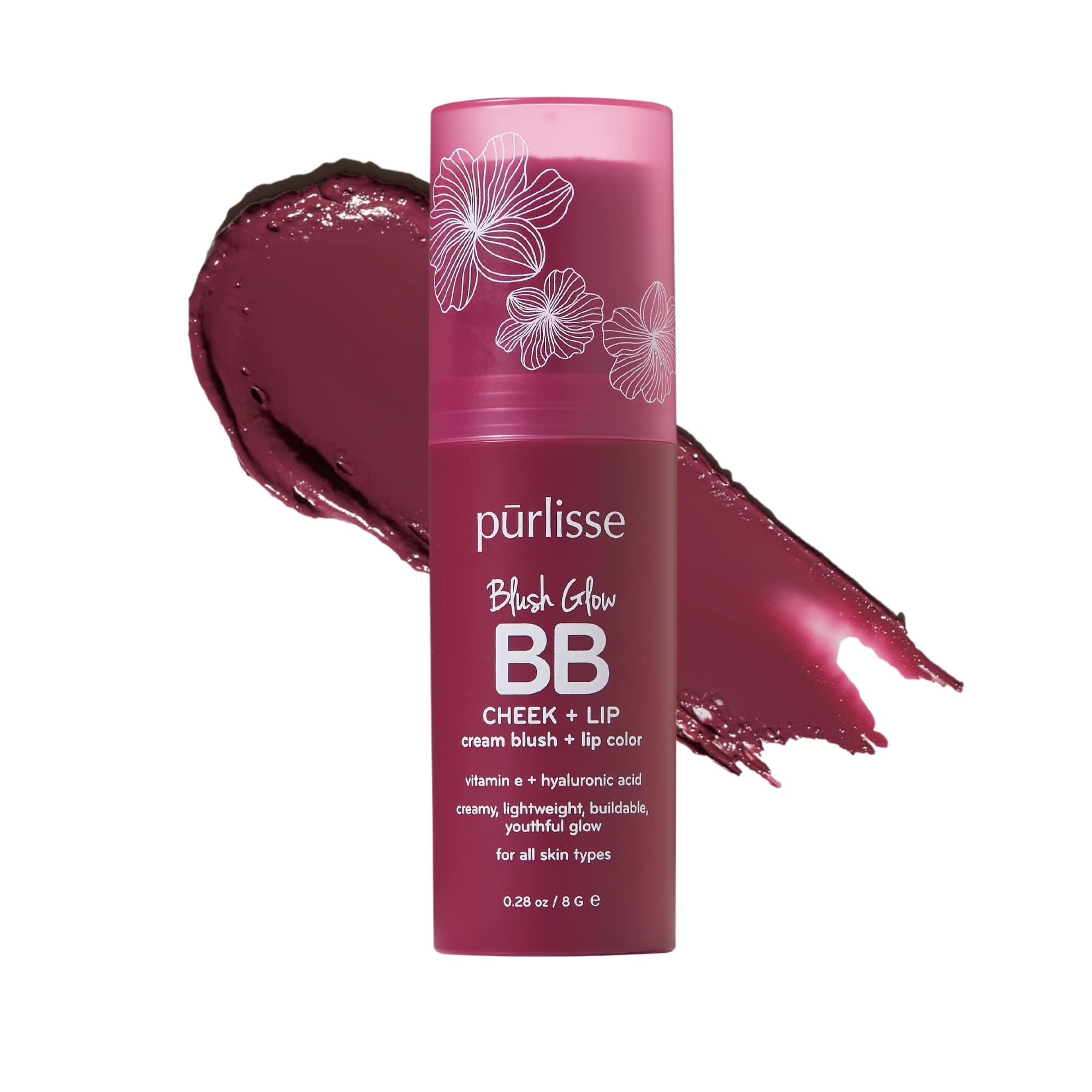 pūrlisse Blush Glow BB Lip and Cheek Tint - Hydrating & Buildable 2-in-1 Cream Blush Stick for Cheeks & Lips - Formulated with Nourishing Vitamin E & Hyaluronic Acid - Berry Bliss (.28 oz)