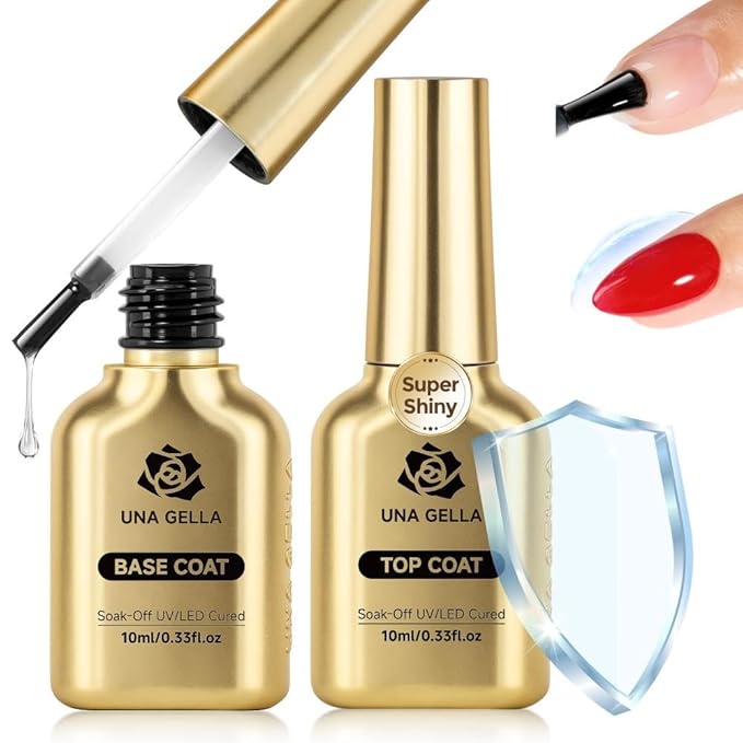 UNA GELLA No Wipe Gel Top Coat Base Coat Set, 2PCS Highly Glossy Top Coat Gel Nail Polish Strengthen and Acid-Free Clear Nail Base Soak Off, Key to Manicure for Her (U V Cure Need)