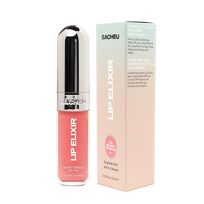 Sacheu Lip Elixir Hydrating Lip Gloss, High-Shine, Bunny Tongue (Pink)