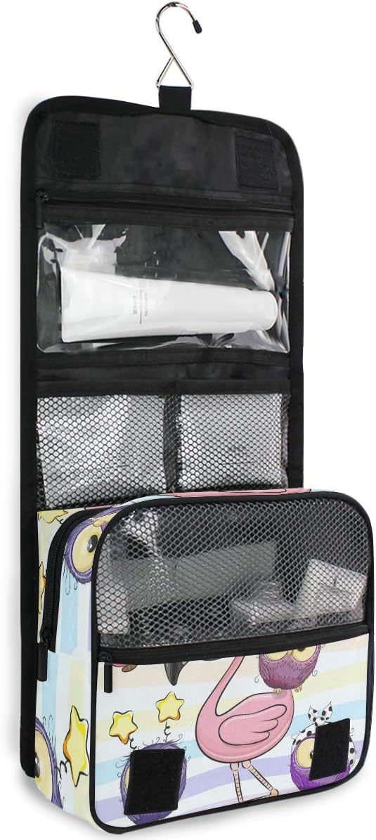 senya Hanging Travel Toiletry Bag Cute Cartoon Pink Flamingo And Five Owls Kit Makeup Case Cosmetics Organizer for Men Women