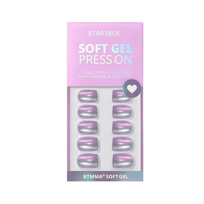 BTArtbox Press On Nails, Glass Ocean, Short Square, Chrome Cat Eye, 32Ct