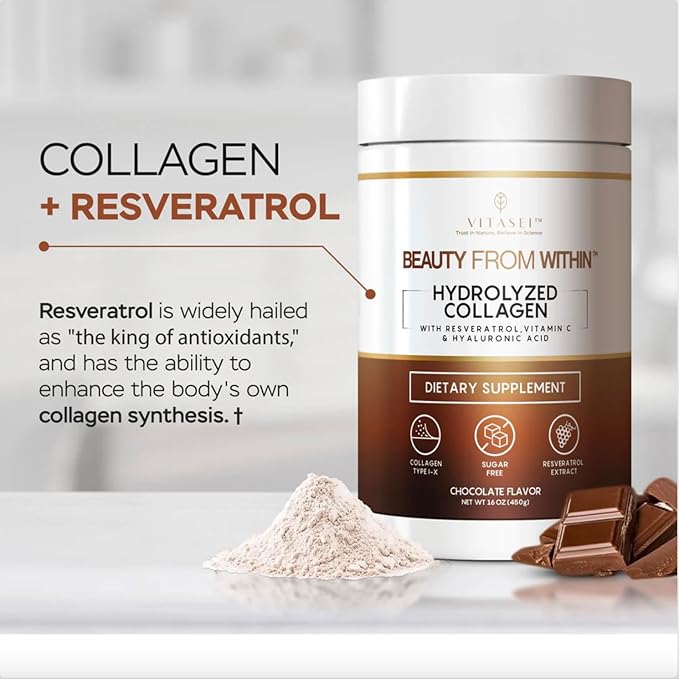 VITASEI Hydrolyzed Collagen Peptide Powder Drink – Chocolate Flavored, 16oz