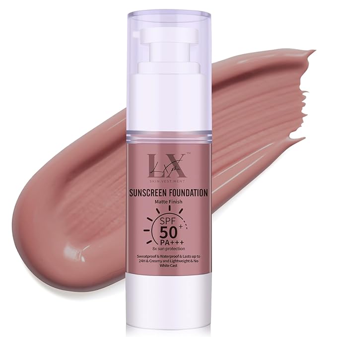 LXSKN Tinted Face Sunscreen - Waterproof & Lightweight Liquid Foundation with SPF 50++, 3-in-1 Full Coverage Foundation Smooths & Blurs Pores, 408 Deep