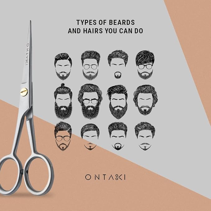 Ontaki Beard and Mustache Trimming Scissors & Combs for Men - 5" Silver