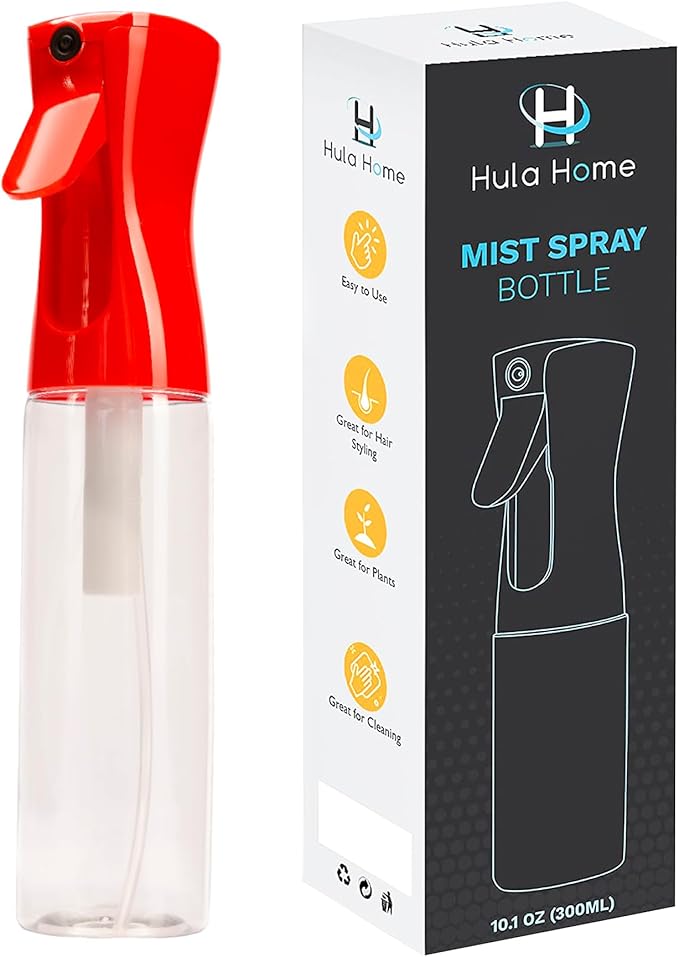 Hula Home Spray Bottle for Hair (10.1oz/300ml) - Continuous Ultra Fine Mist Sprayer for Hairstyling, Cleaning, Salons, Plants, Essential Oil & More - Red/Clear