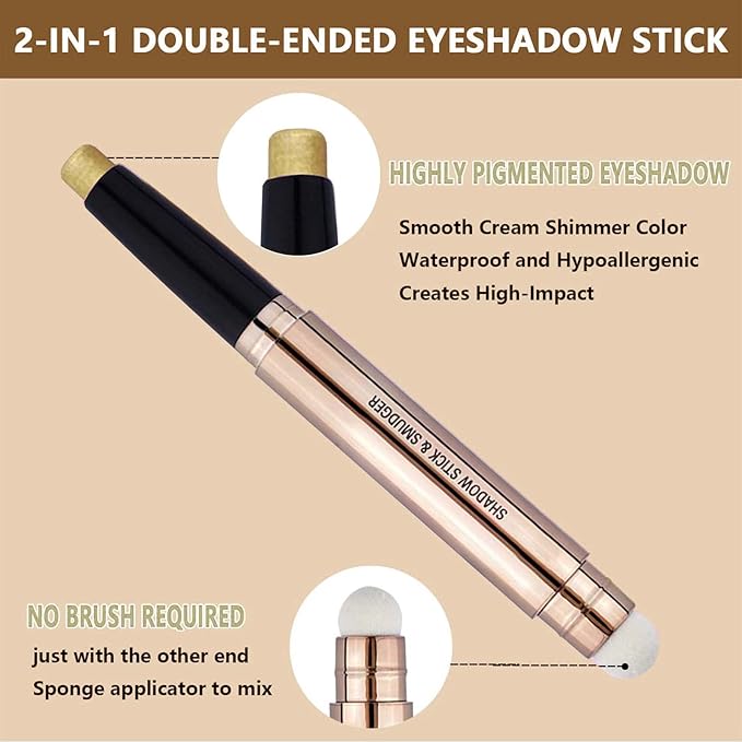 SAUBZEAN Gold Eyeshadow Stick Makeup, Highlighter Matte Cream Eye Shadow Pencil, Waterproof Hypoallergenic Long Lasting Crayon, Glitter Primer Palette Shimmer Eyeliner Pen wiht Soft Brush