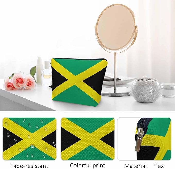 Kalygon Women Cosmetic Bag Jamaica Flag, National Jamaica Flag Cute Makeup Bag For Purse Cosmetic Travel Bag For Toiletries Makeup Storage Bag Flax Skincare Bag Makeup Pouch Bags Green