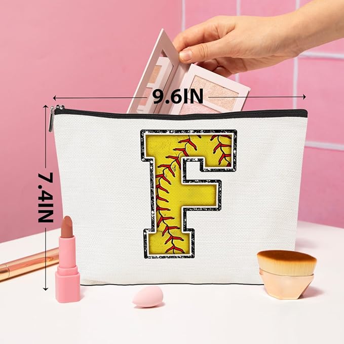 Softball Gifts Initial F Makeup Bag Softball Gifts for Team Cosmetic Bag