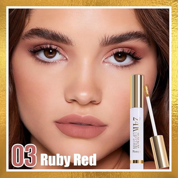 JUAAZIN 2Pcs 2025 New 24K Gold Liquid Lip Gloss Peel Off Lip Stain Tattoo with Tweezer, Lips Stain Peel Off Masque, Long Lasting Waterproof Lip Tint Stain, Transfer-proof for All Skin Types 03#+04#