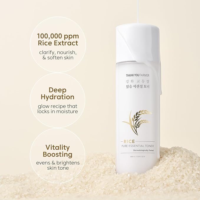 THANKYOU FARMER Rice Pure Essential Toner Korean Milk Toner with Rice Water & Niacinamide - Gentle Hydrating Toner for Brightening and Soothing Dry & Sensitive Skin, Vegan, 7.03 oz