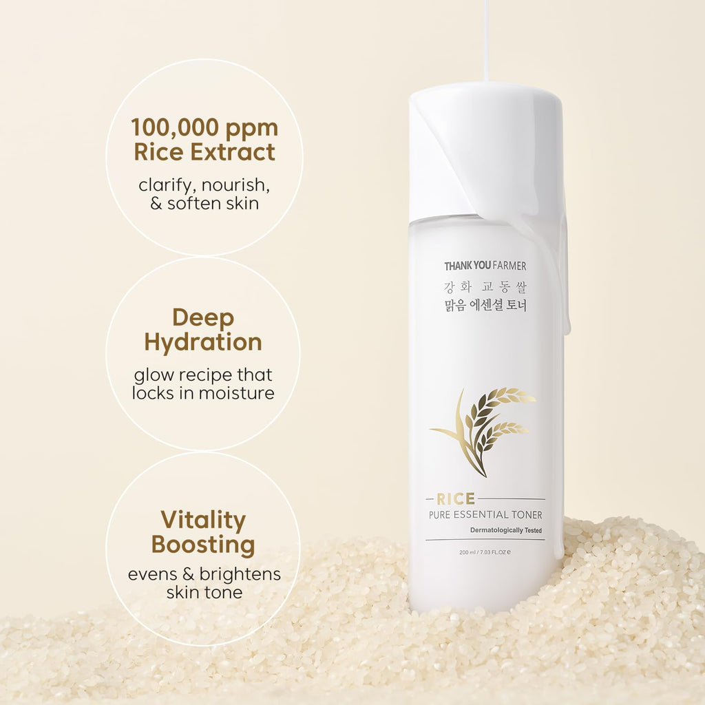 THANKYOU FARMER Rice Pure Essential Toner Korean Milk Toner with Rice Water & Niacinamide - Gentle Hydrating Toner for Brightening and Soothing Dry & Sensitive Skin, Vegan, 7.03 oz