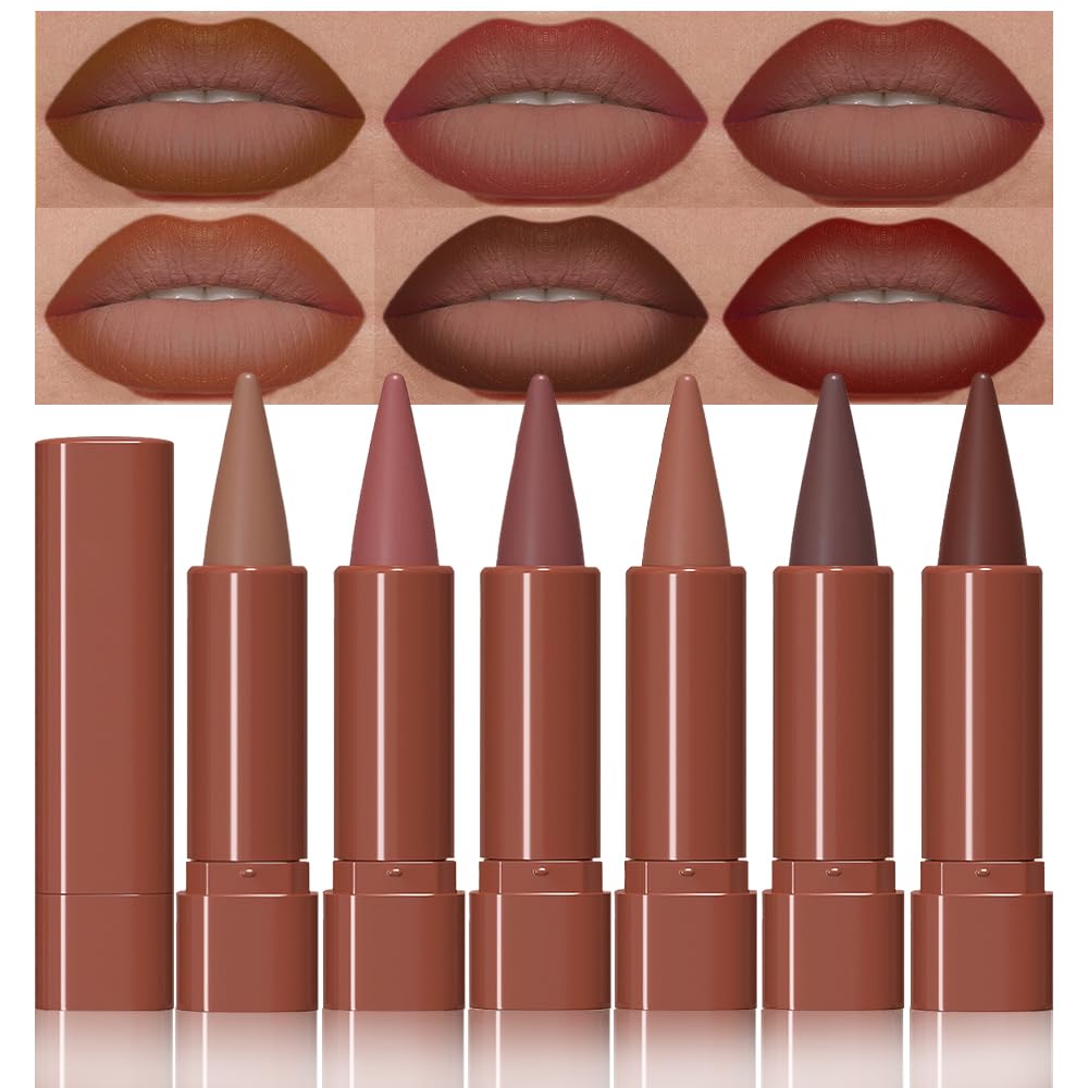 BINGBRUSH 6pcs Brown Lip Liners Set,Ombre 2-in-1 Lip Liners & Lipstick set