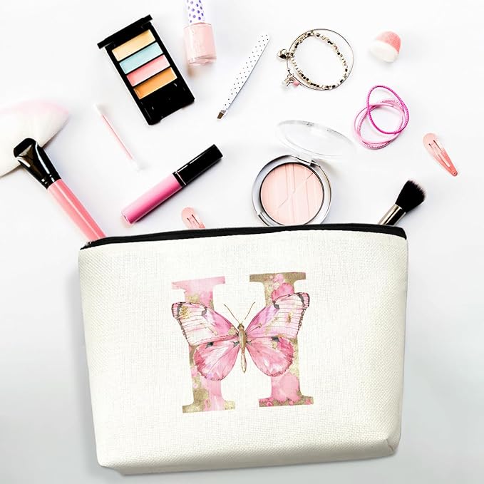 Initial Makeup Bag Pink Butterfly H Personalized Cosmetic Bag Monogrammed Gifts for Women Girls Bride Mom Monogram Zipper Pouch for Friendship Mothers Day Birthday Wedding Bridal Shower Gifts