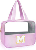 Junesters Personalized Initial M Clear Purple Makeup Bag - Large Travel Toiletry Bag, Cute Cosmetic Organizer Set for Girlfriend, Teacher, Teen Girl Gifts