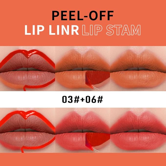 KXmzeG Matte Lip Liner Peel Off Lip Stain, Long Lasting Peel Off Lip Liner Stain, Peel-off Lip Gloss For All Skin Types, Transfer-proof Highly Pigmented Color Waterproof, (03#+06#, Pack of 2)