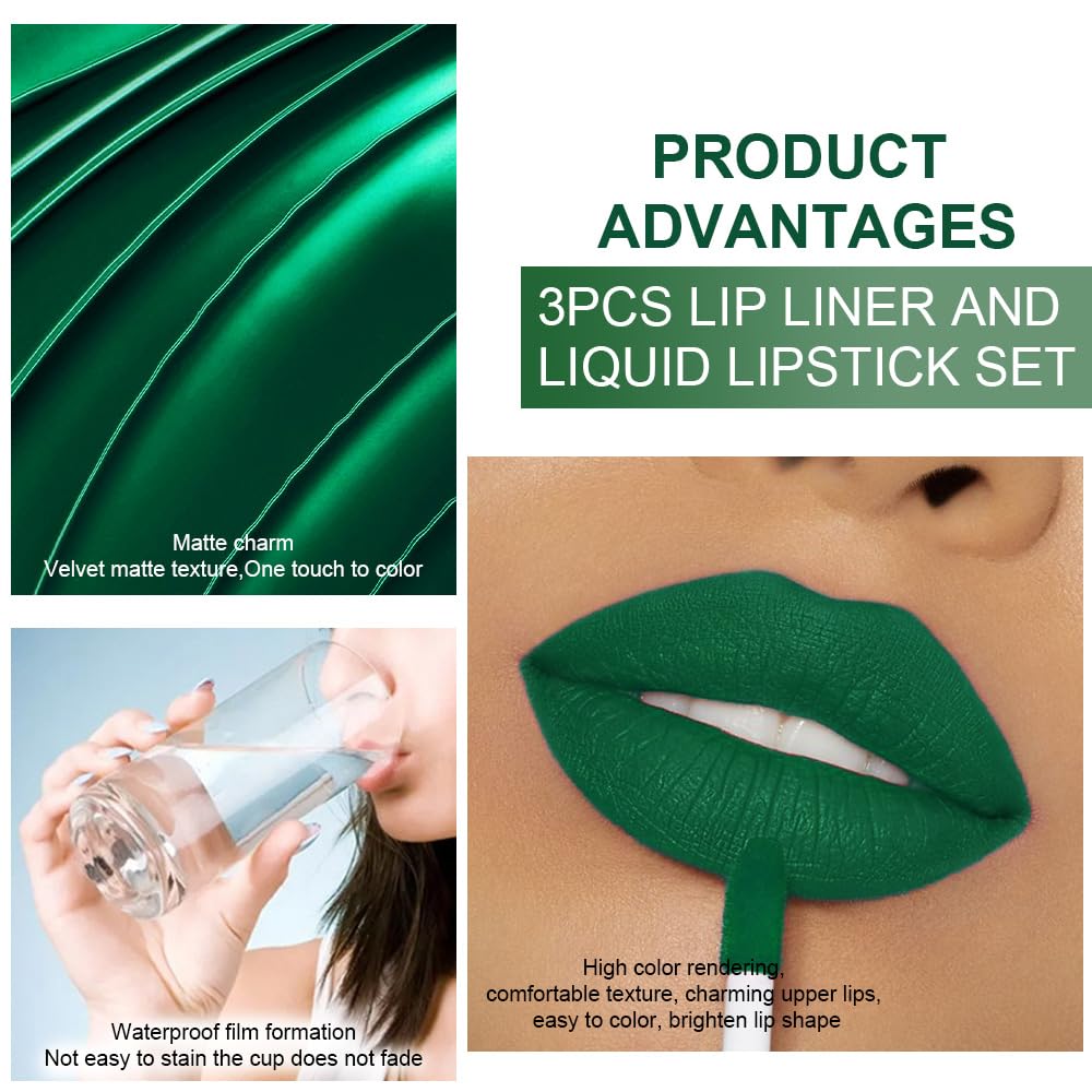 IATMOMOD 3Pcs 2 in 1 Green Matte Shimmer Lip Liner and Liquid Lipstick Stain Makeup Set for women, Long Lasting Smudge Proof Lip Tint Matte Finish Lip Gloss for All-Day Color Hold Easy to Use, Set25