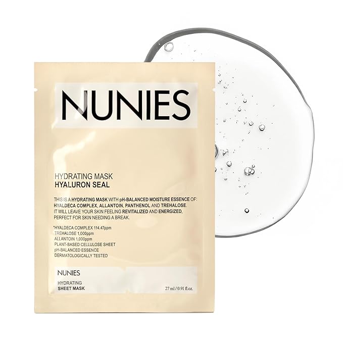 NUNIES Hyaluronic Hydrating Sheet Mask – Korean Moisturizing Face Mask for Dry & Sensitive Skin | Trehalose, Allantoin & Panthenol | Water Essence | Korean Skincare | Fragrance-Free | 5 Sheets