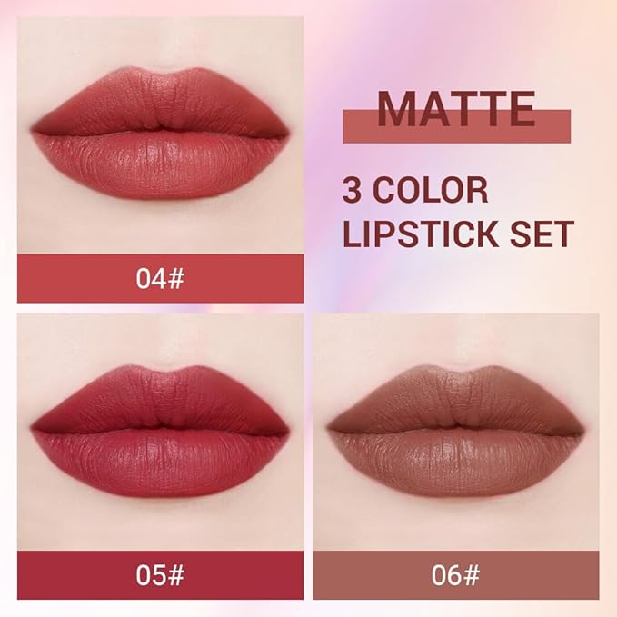 CAKAILA 3Pcs Nude Rose Bright Red Warm Brown Lip Stick,Matte Cream Lipstick Set for Women,Long Lasting Waterproof Smudge Proof Velvet lipsticks Crayon,Lip Makeup Kit Travel Size,Vegan & Cruelty-free