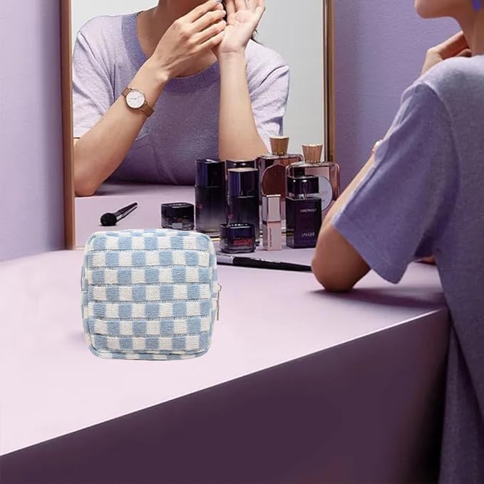 FFpaw 2 Pieces Makeup Bag Set, Small Blue Checkered Cosmetic Bag Travel Toiletry Organizer Mini Cosmetic Pouch Case Makeup Brushes Cute Quilted Aesthetic Accessories Storage Bag for Women