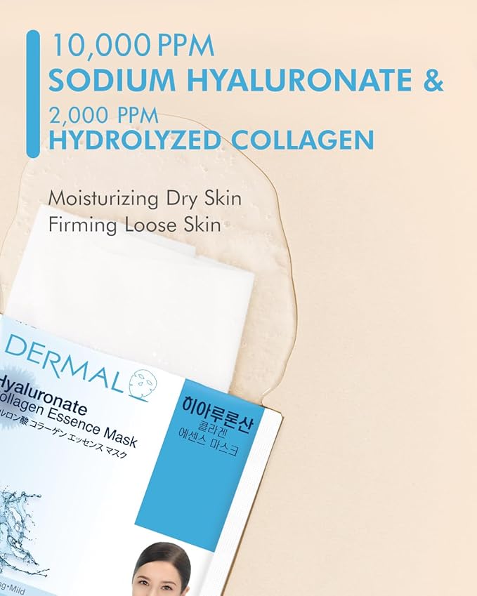 DERMAL Hyaluronic Acid Collagen Sheet Mask, 23g Each, 10 Count