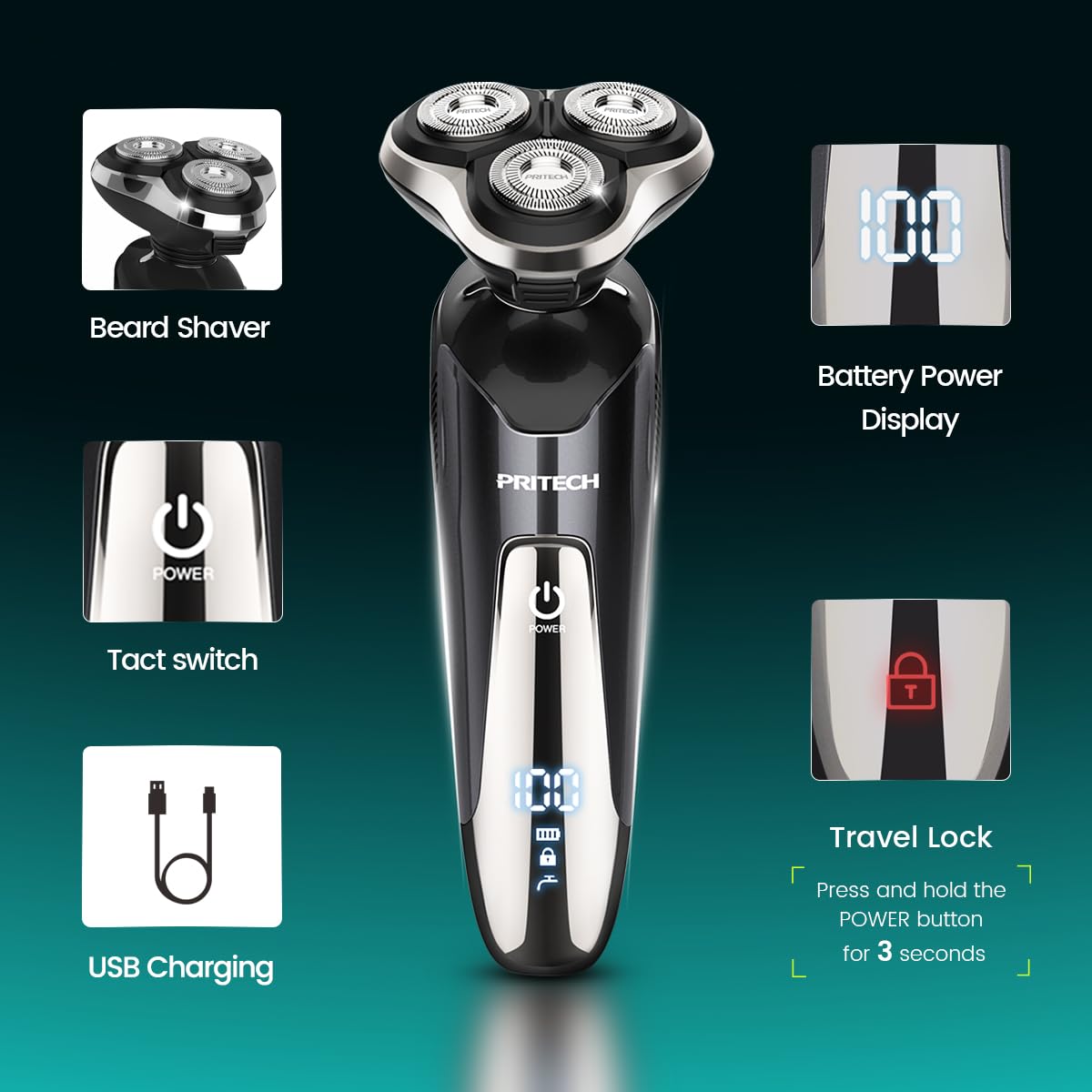PRITECH Electric Razor for Men Rotary Electric Shavers for Men Cordless