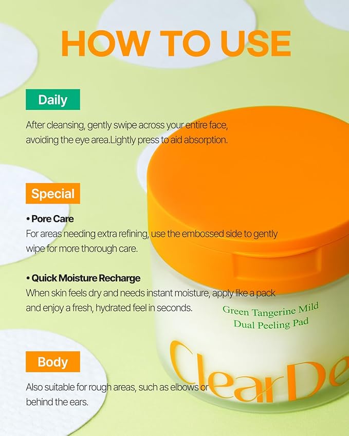 ClearDea Green Tangerine Dual Peeling Pad – Korean Exfoliating Toner Pads with 4HA Complex, Jeju Citrus Vinegar, Oil Control, Dual-Sided Texture, Hydrating & Smoothing, 50 Pads