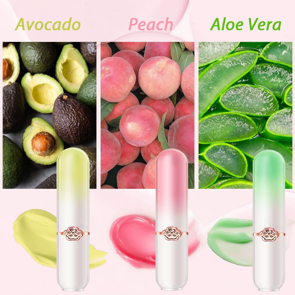 evpct 3Pcs Aloe Vera Avocado Peach Tinted Lip Balms Tint Stain Lipstick for Women PH Color Changing Lipstick Balm Stain Gift Set Queen Girls Korean Mood Long Lasting Color Change Light Pink Lipsticks