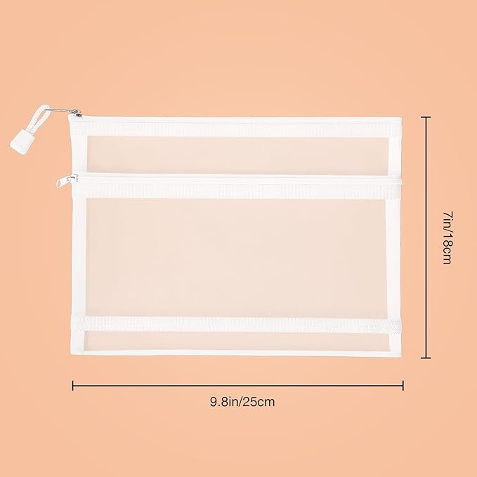 Sinzip 12 Pieces Zipper Nylon Mesh Pouch, Mesh Cosmetic Bags Makeup Bags Pencil Case, Multipurpose Travel Bags for Cosmetic School Office Supplies and Travel Accessories (2 Layers-White, A5)