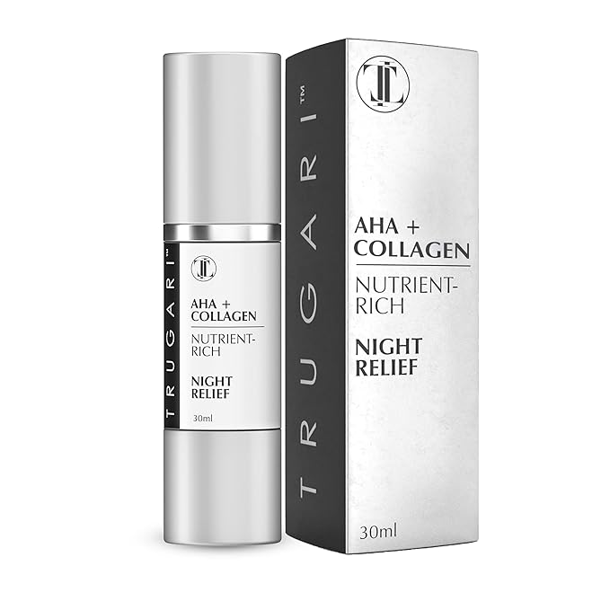 TRUGARI Facial Night Serum with AHA + Collagen, Night Serum for Face, Anti Aging Night Serum, Collagen Boost Anti Aging Serum, Nutrient-Rich Night Face Serum with Vitamins C, B, E, Collagen Skin Care