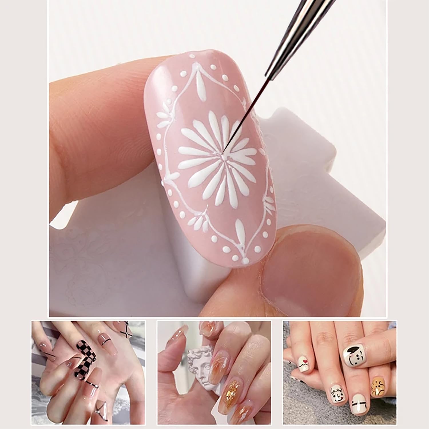 WOKOTO 5Pcs Liner Nail Art Brushes For Acrylic Nails Liner Brushes For Nails Champagne Handles Mix-Size 6mm 9mm 12mm 15mm 18mm Liner Nail Brushes Kit Thin Detail Nail Polish Detail Brushes Set