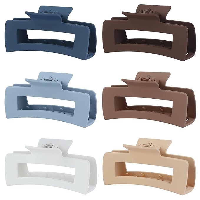 Sisiaipu 4 Inch Big Hair Claw Clips 6 Pcs Large Claw for Thick Hair Square Hair Clips for Women Rectangle Hair Clips Nonslip Acrylic Banana Jaw Clips Hair Accessories for Girls (Brown Blue)