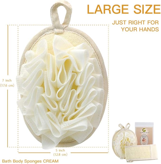 CROVIN Mesh Pouf Body Sponge Set - Redesign Bath Loofahs Shower Puffs 2 Pack & Exfoliating Natural Loofah Back Scrubber. How to - Great Gift for A Glowing Skin & Healthy Body