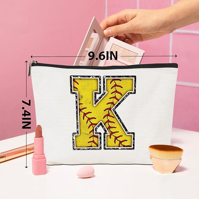 Softball Gifts Initial K Makeup Bag Softball Gifts for Team Cosmetic Bag